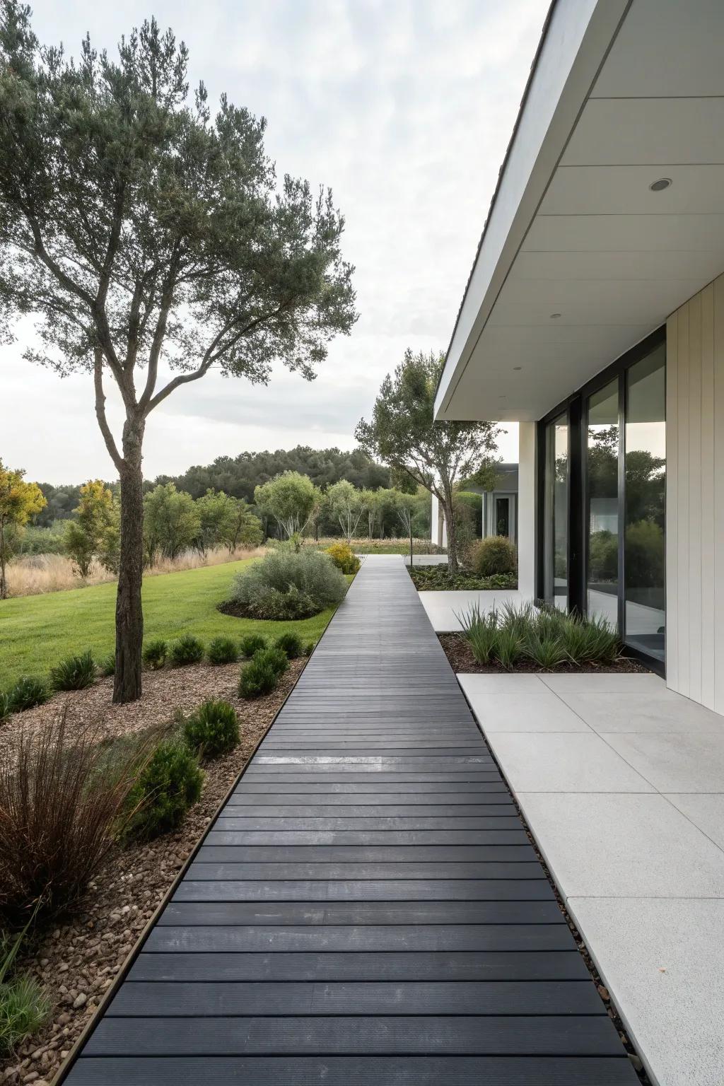 A chic, modern composite walkway enhancing a minimalist garden.