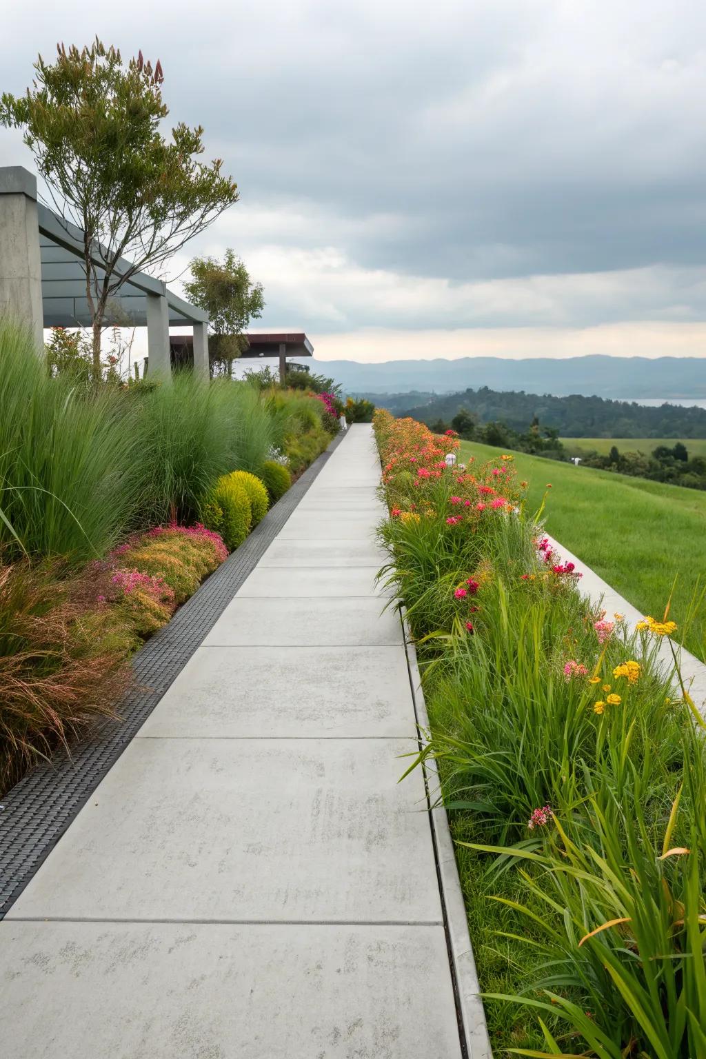 A modern concrete walkway beautifully bordered by lush grass and colorful flowers.