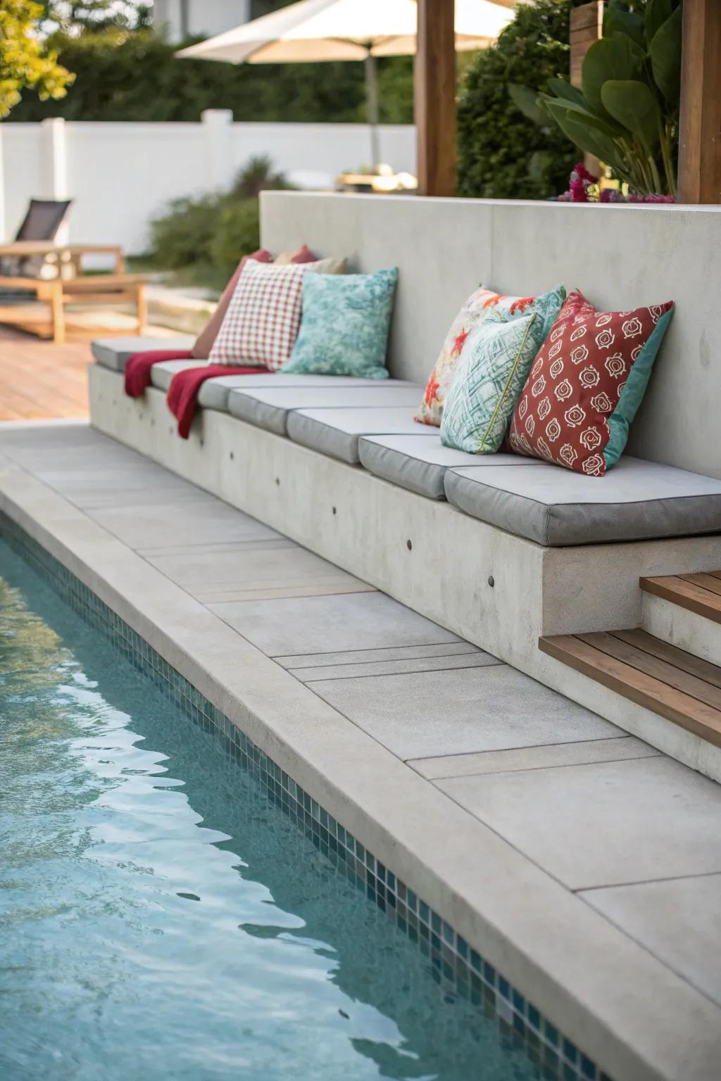 Enjoy the convenience and style of built-in seating around your pool.