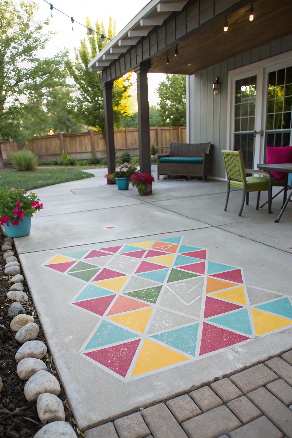 A patio with eye-catching geometric patterns.