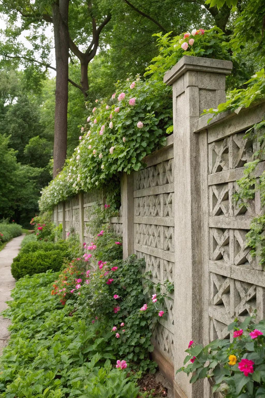 Textured blocks add artistic flair to this concrete fence.