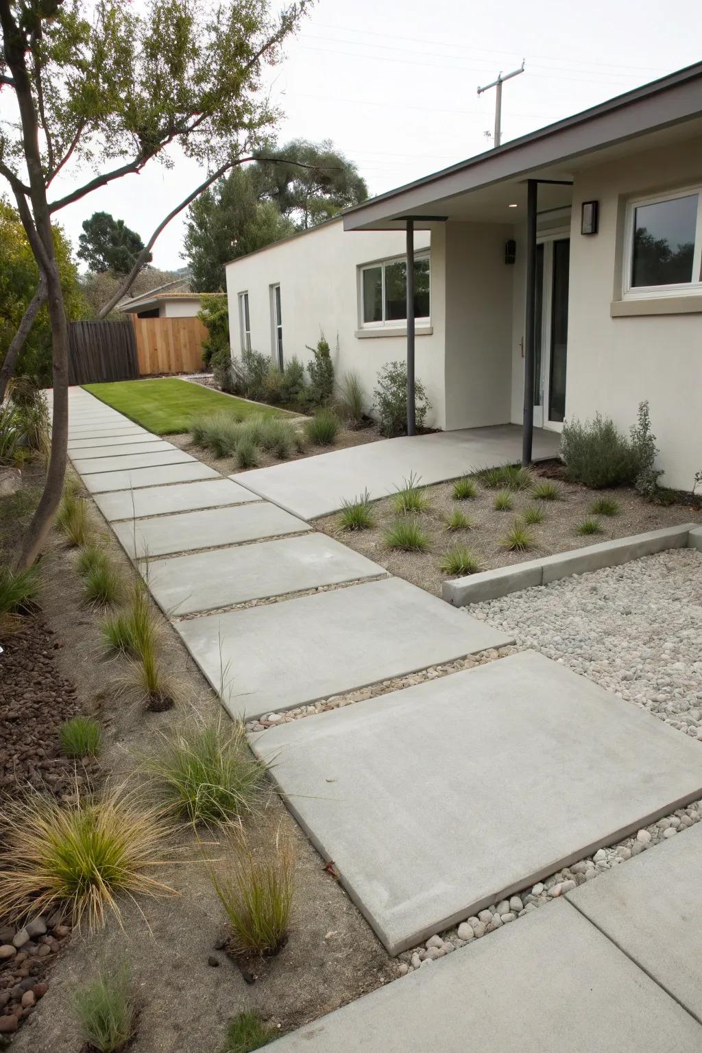 Minimalist concrete designs bring calm to your front yard.