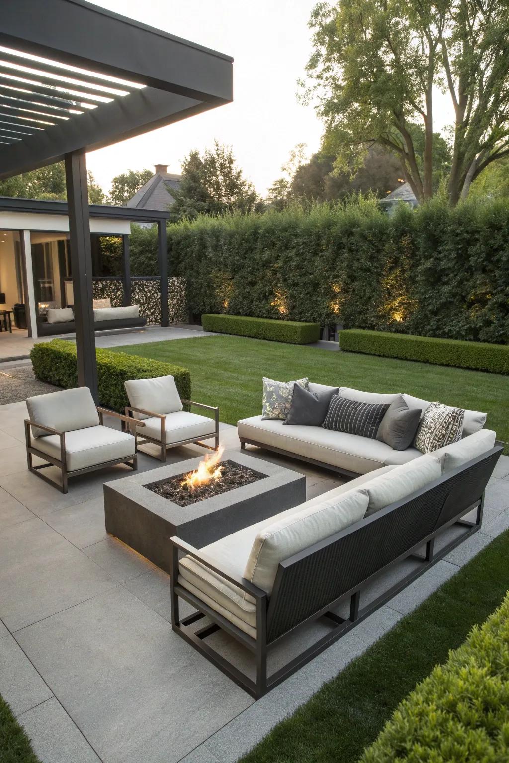 A cozy lounge area invites relaxation in this modern backyard.