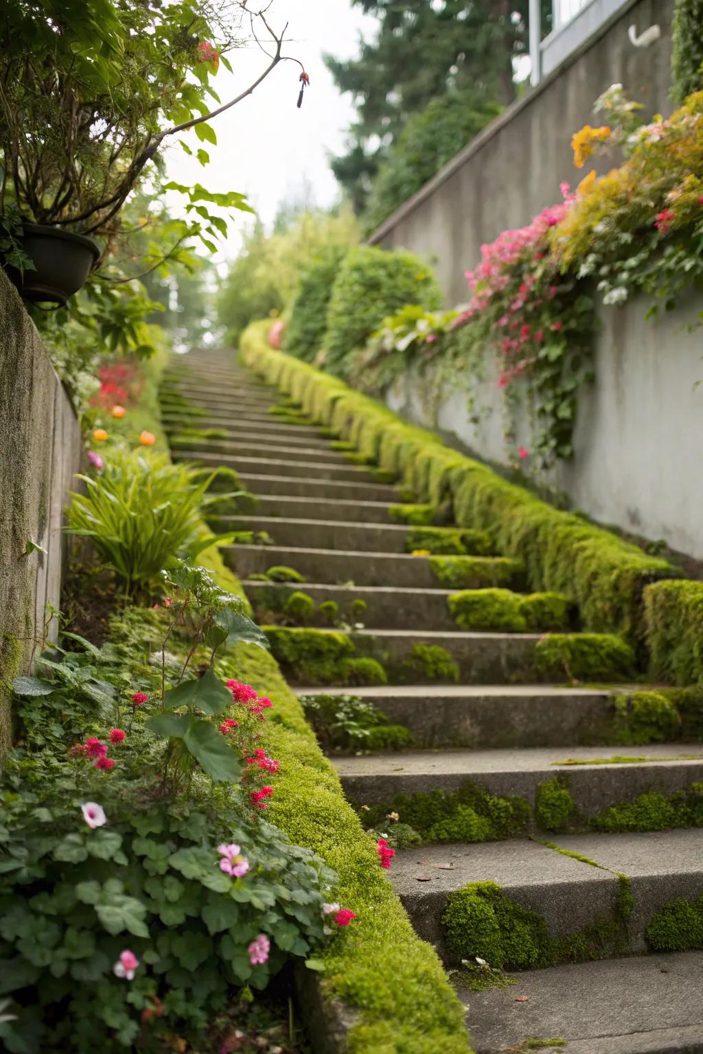 Concrete stairs beautifully integrated with lush, vibrant greenery.