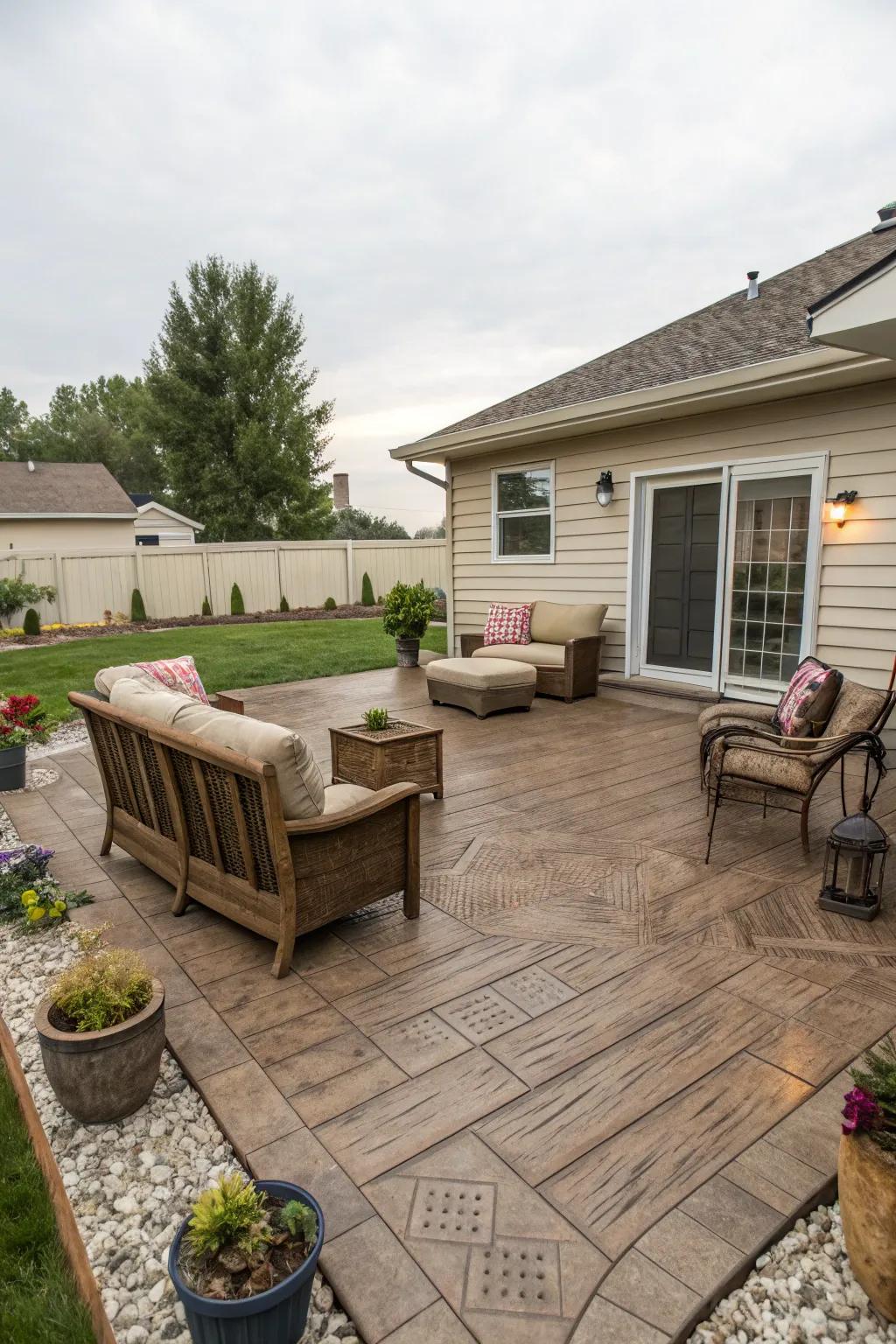 Stamped concrete offers the look of wood with the durability of concrete.