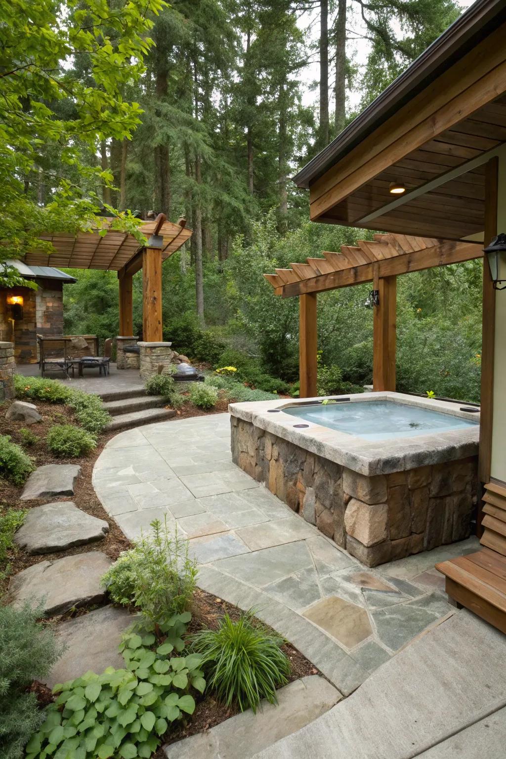 A harmonious blend of natural elements with a concrete patio, creating a tranquil hot tub retreat.
