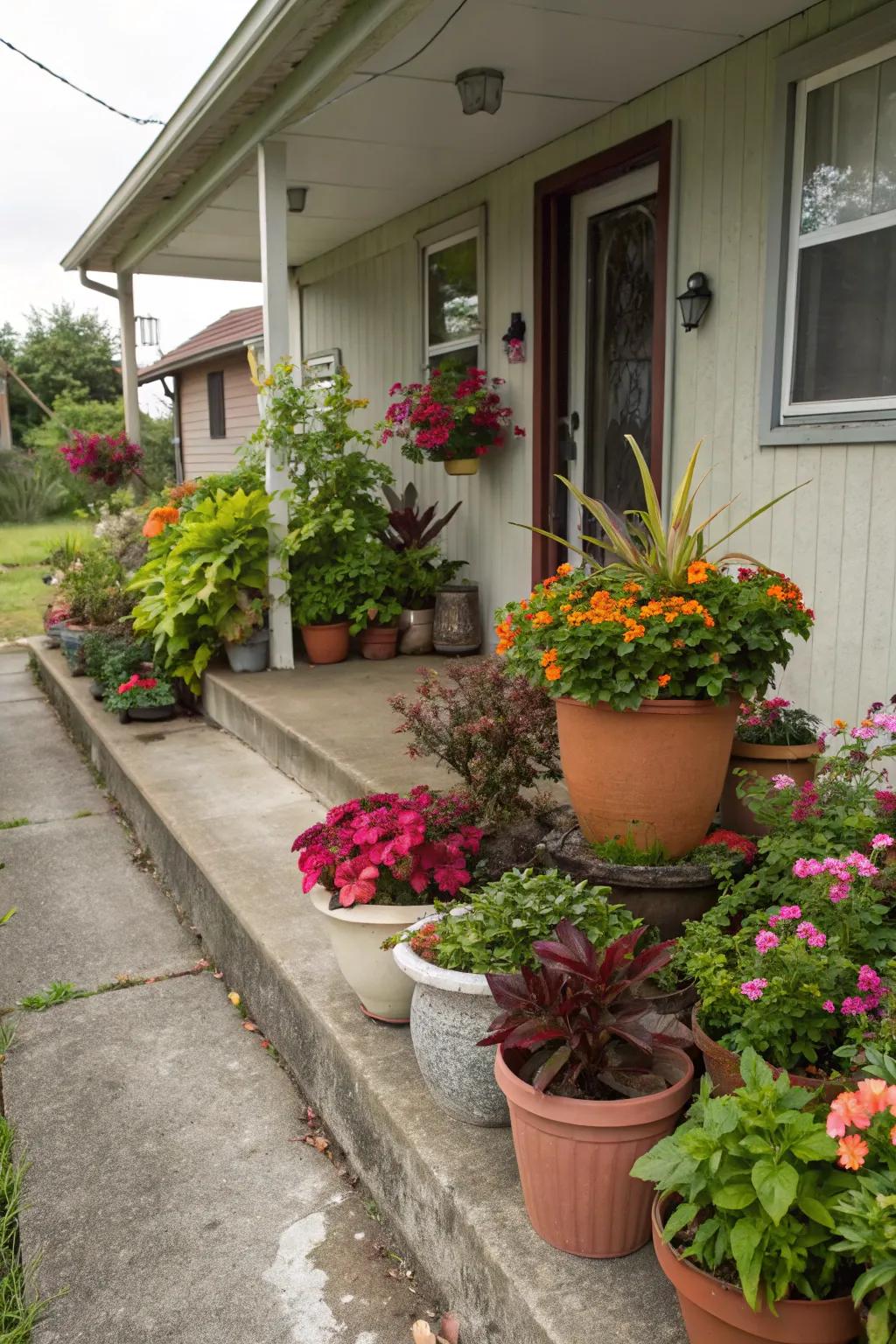 Bring life to your porch with a diverse collection of potted plants.