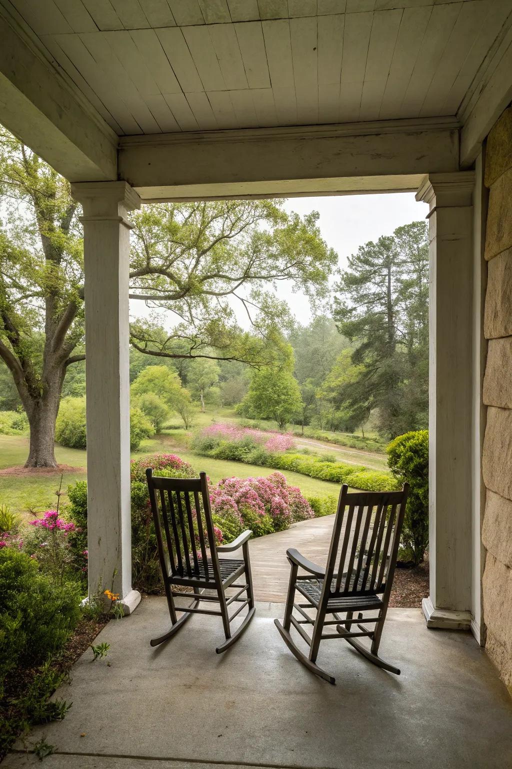 Concrete porch with charming rocking chairs for ultimate relaxation.