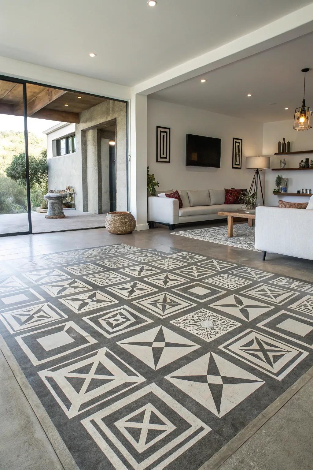 Geometric patterns bring a modern touch to concrete floors.