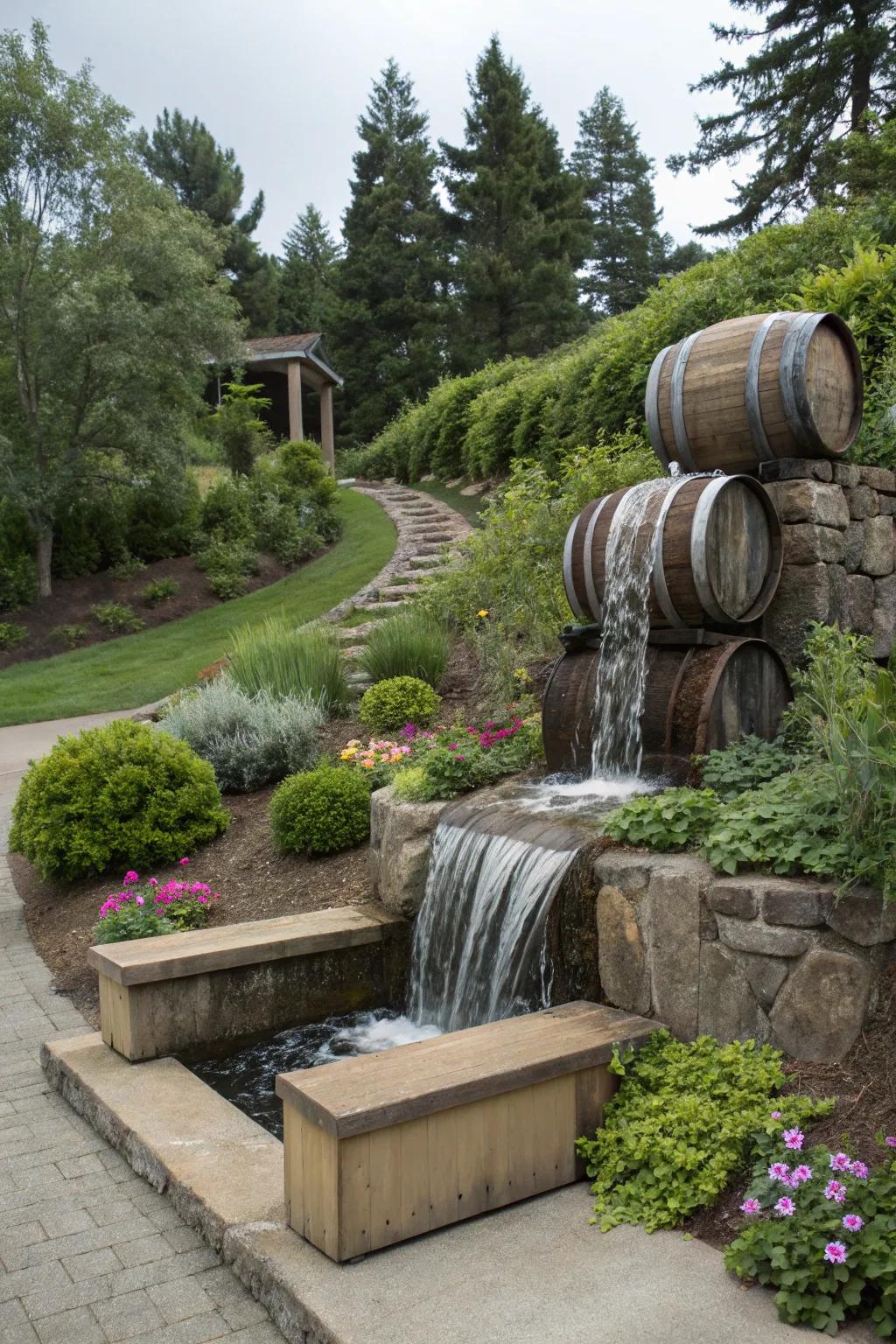 Tiered barrel waterfall adding a playful charm to the garden.