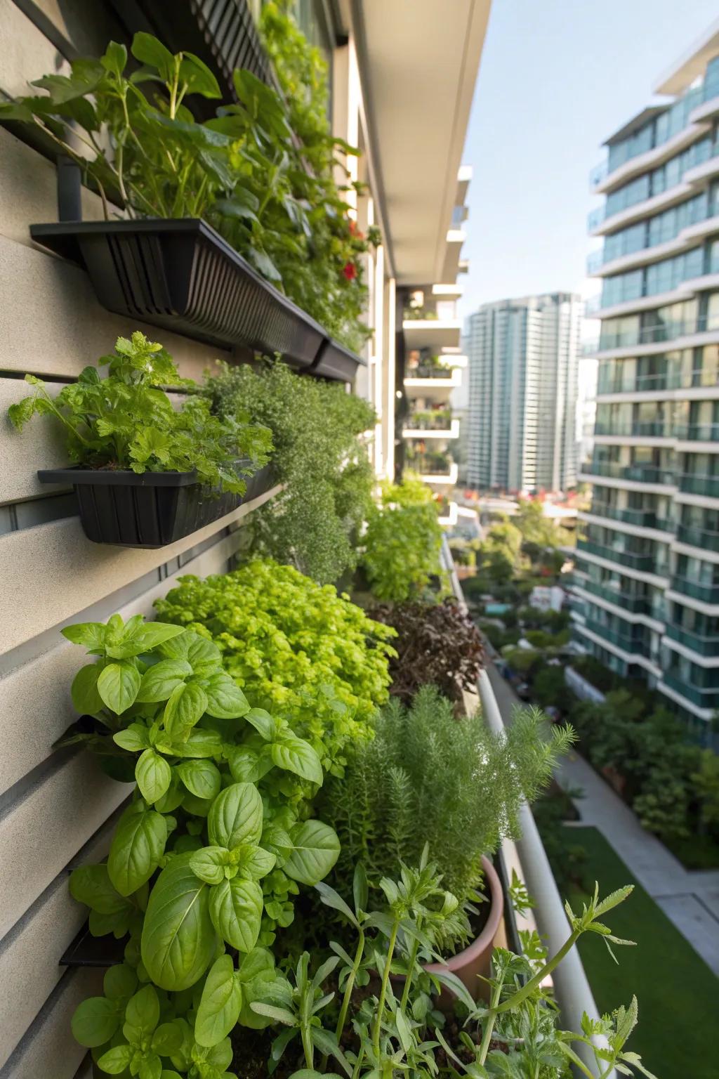 A vertical herb garden transforms a condo backyard wall into a fresh, green space.