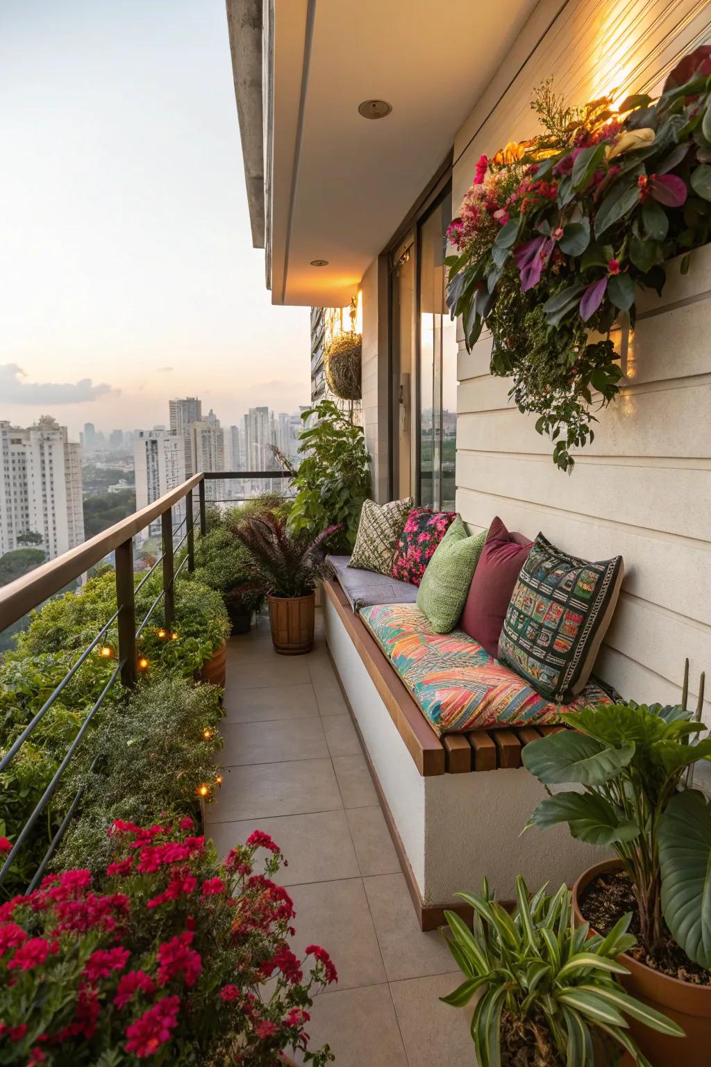 A cozy seating nook with cushions on the balcony