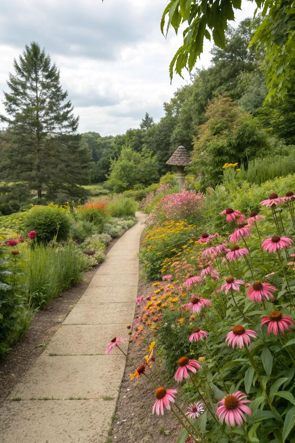 Coneflowers lining a picturesque garden pathway.