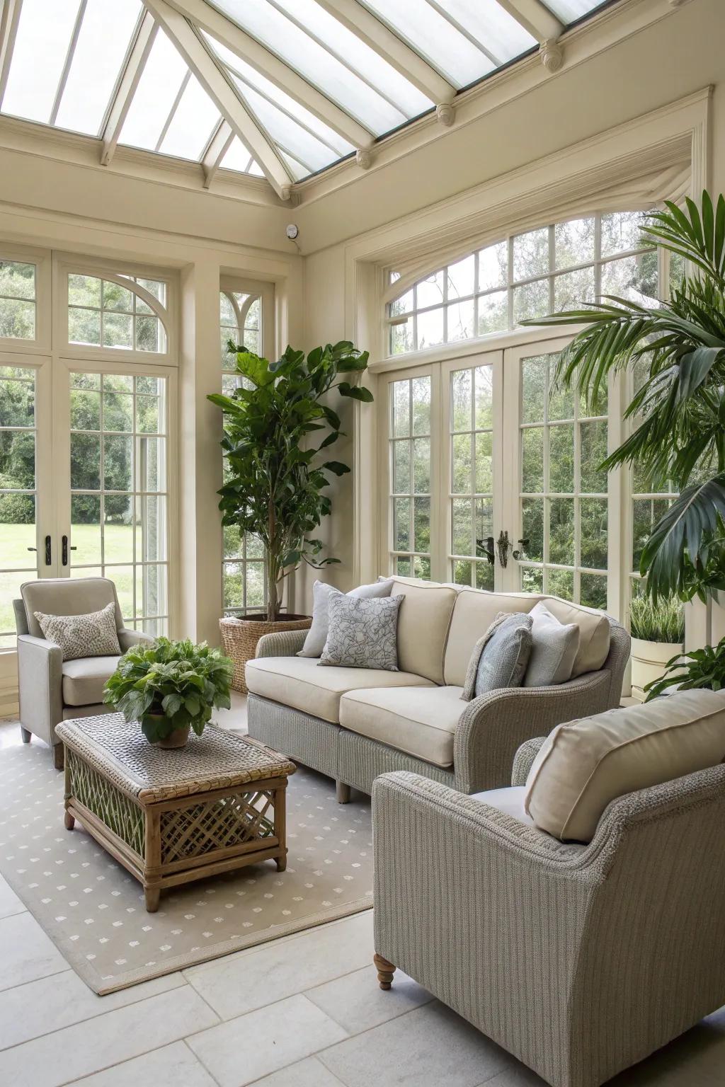 A soothing conservatory palette of beige and gray tones.