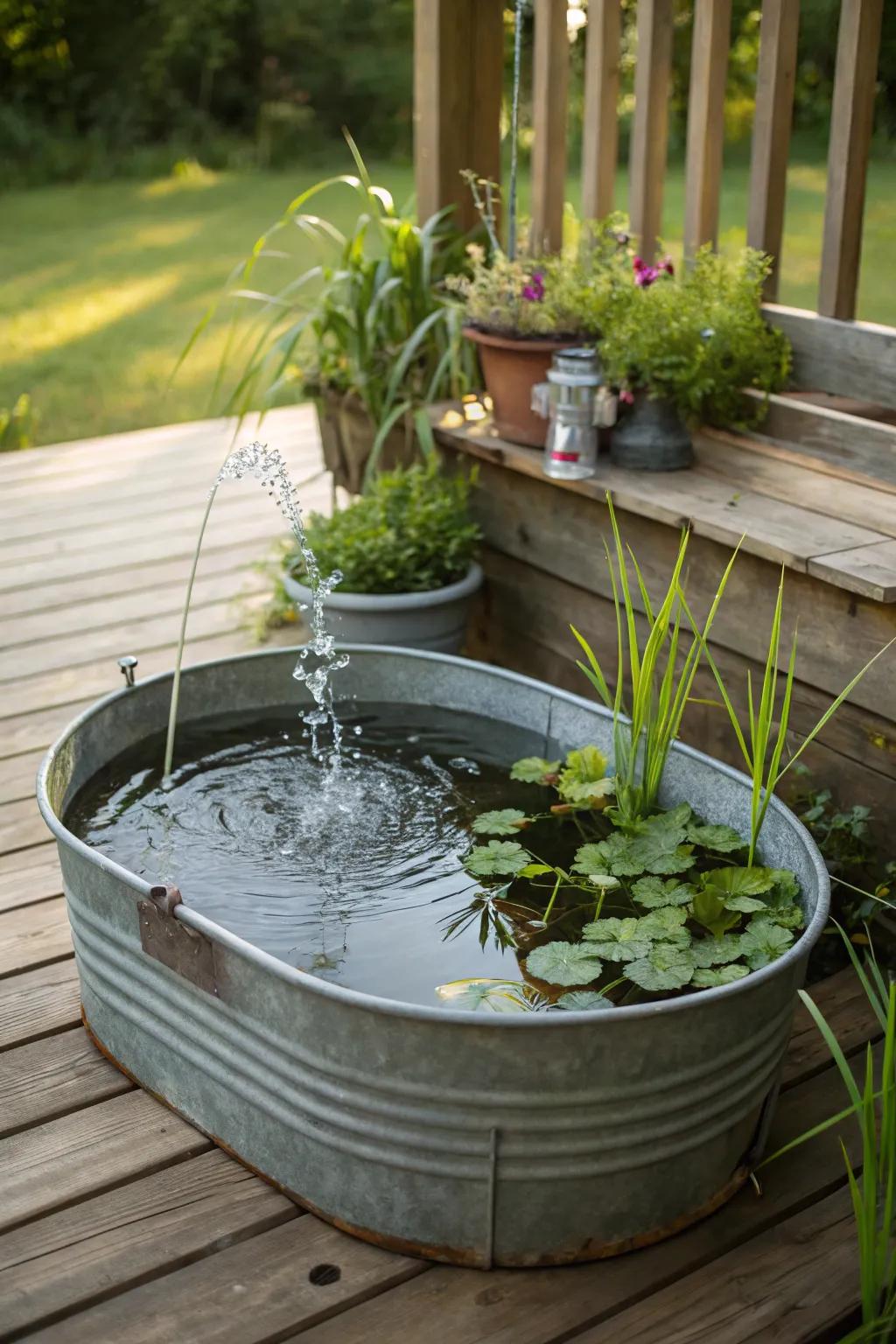 Modern elegance with a galvanized tub pond.