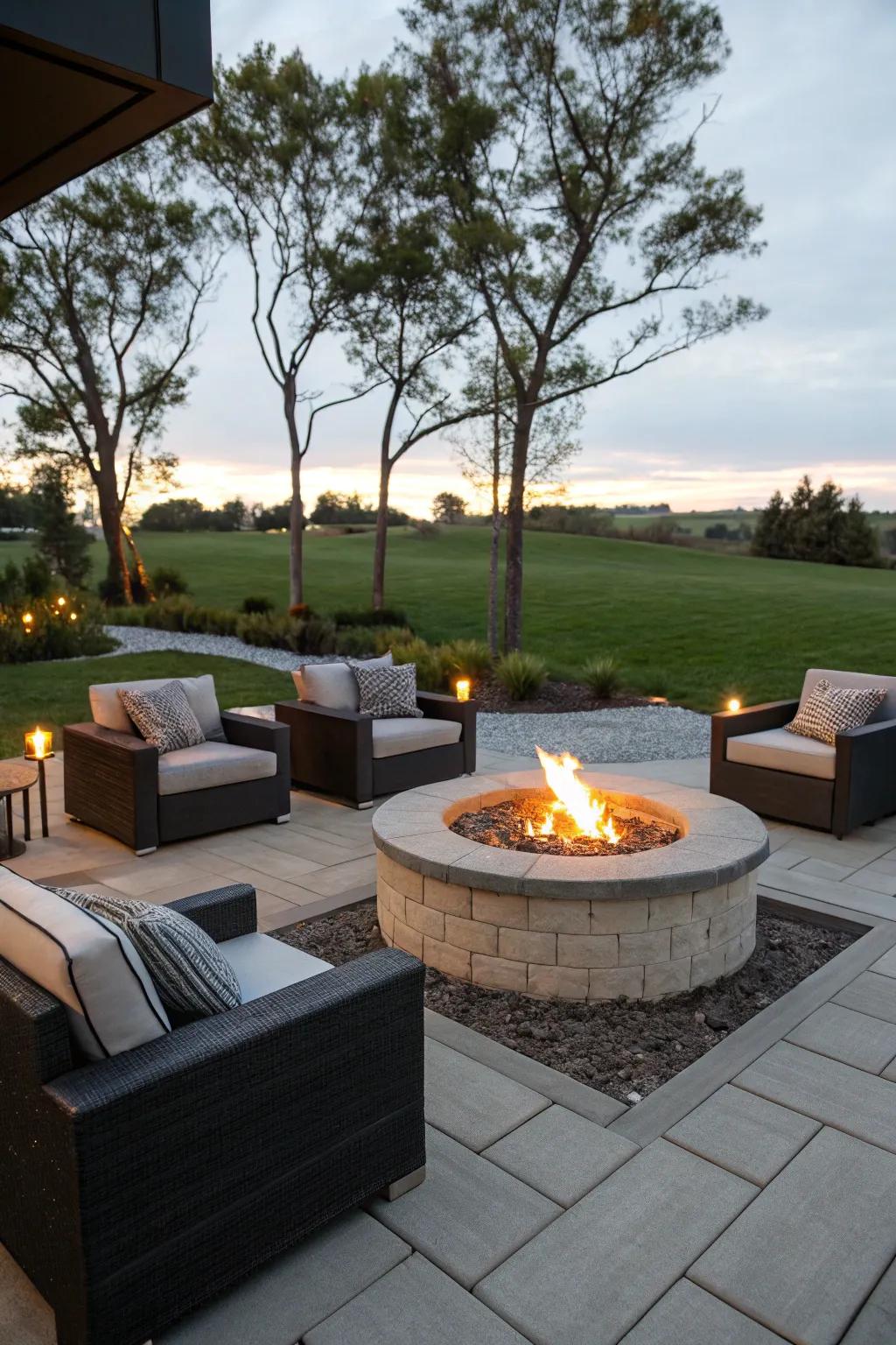 A cozy patio with a stylish fire pit as the centerpiece.