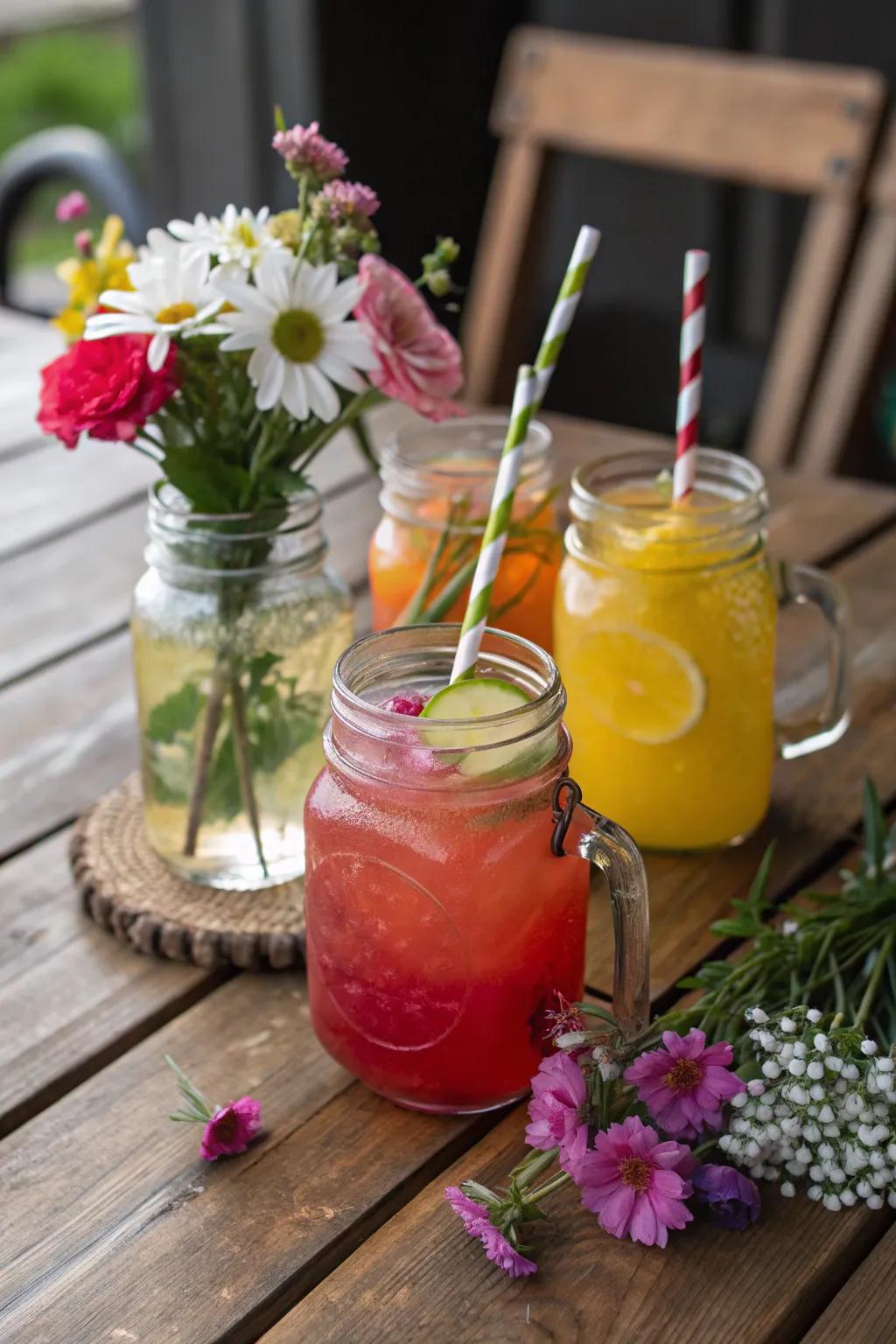 Mason jars adding a rustic touch to the cookout with drinks and floral arrangements.