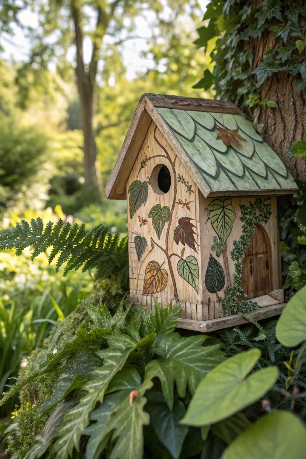 Nature's embrace: Birdhouse with leaf designs