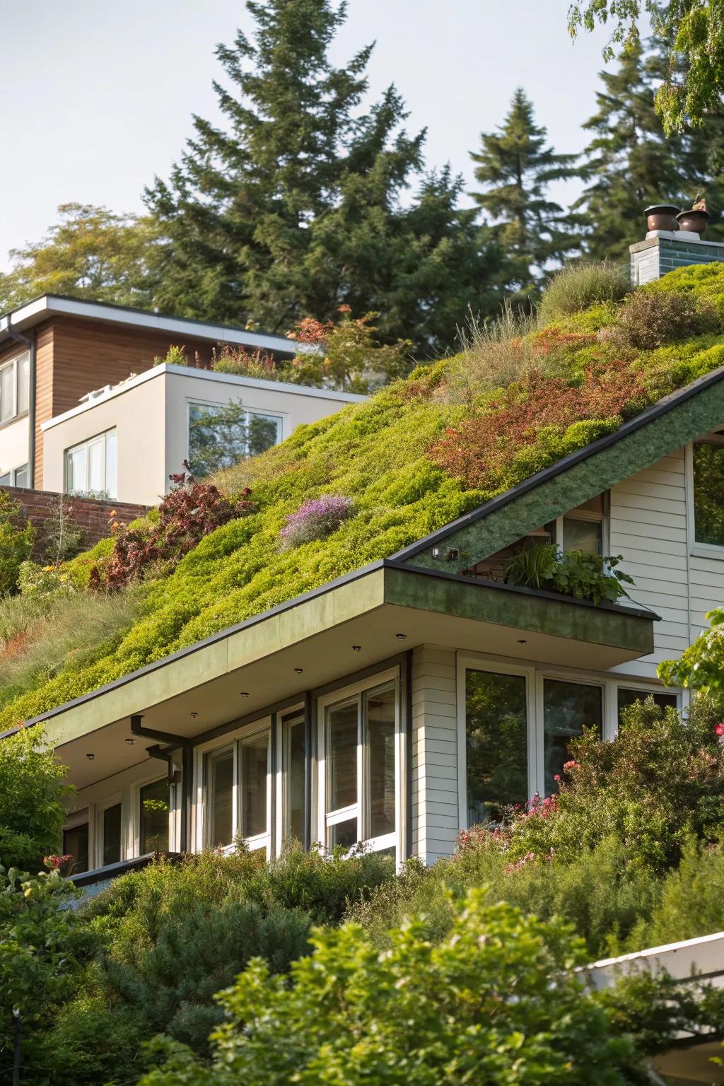 A vibrant green roof offering a slice of nature atop a home.