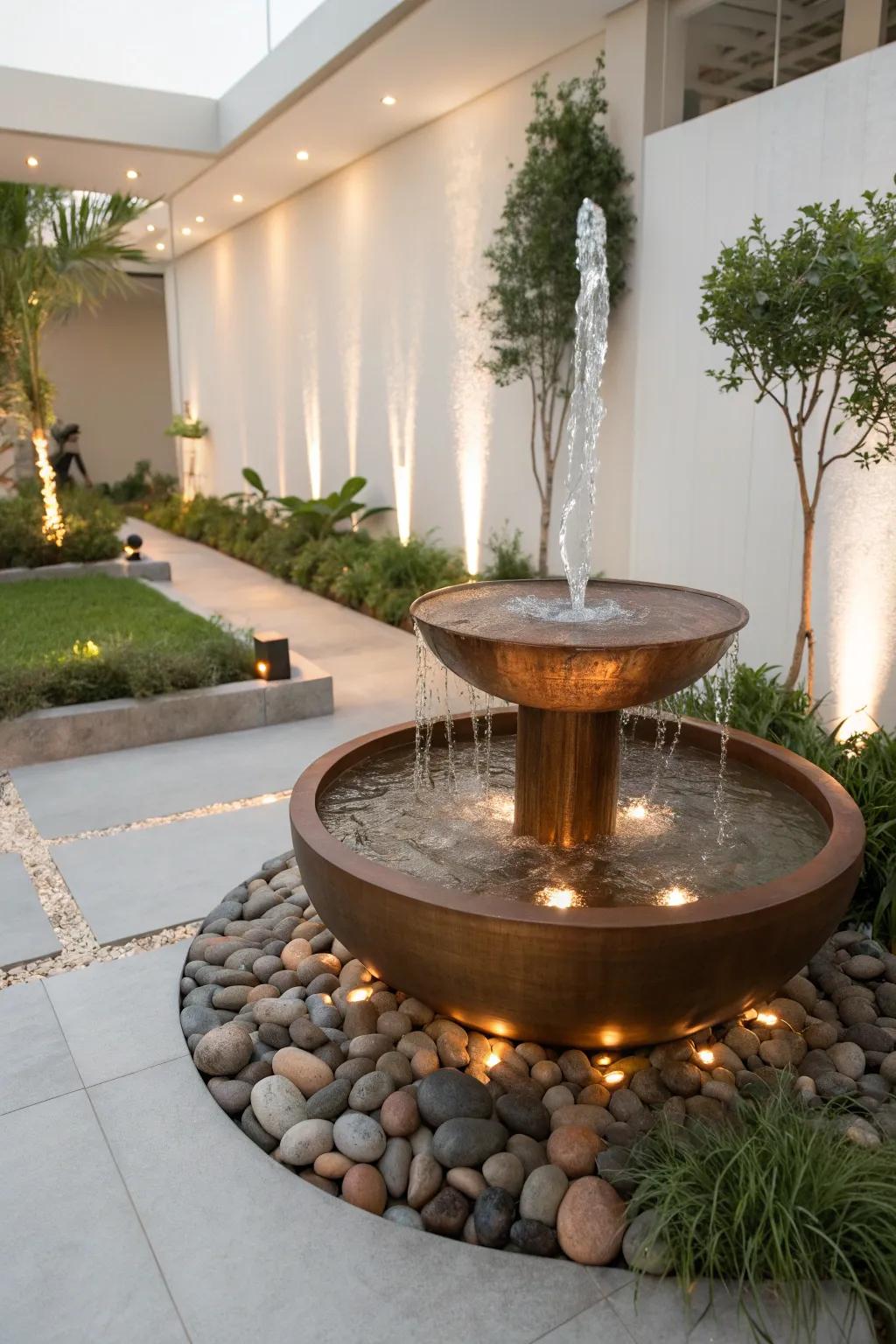 A minimalist garden featuring a sleek copper fountain.