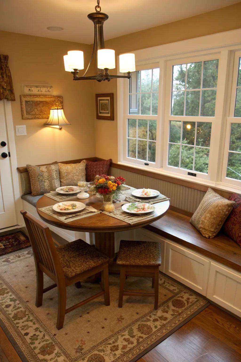 A dining area featuring an L-shaped corner bench for cozy family meals.
