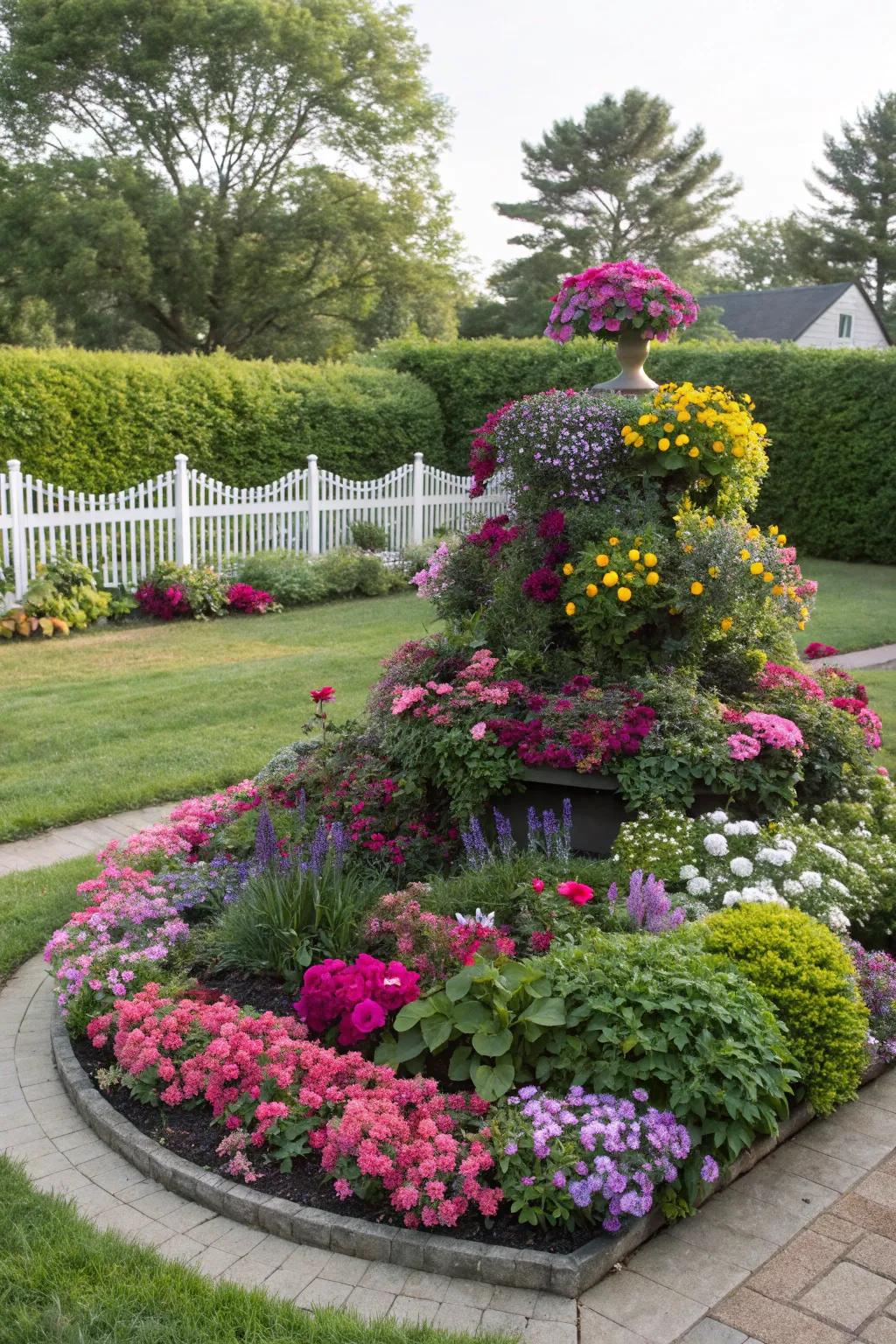Tiered designs add depth and intrigue to this corner garden haven.