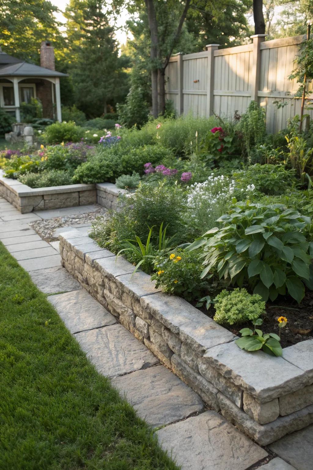 Stone borders give corner gardens a neat and polished appearance.