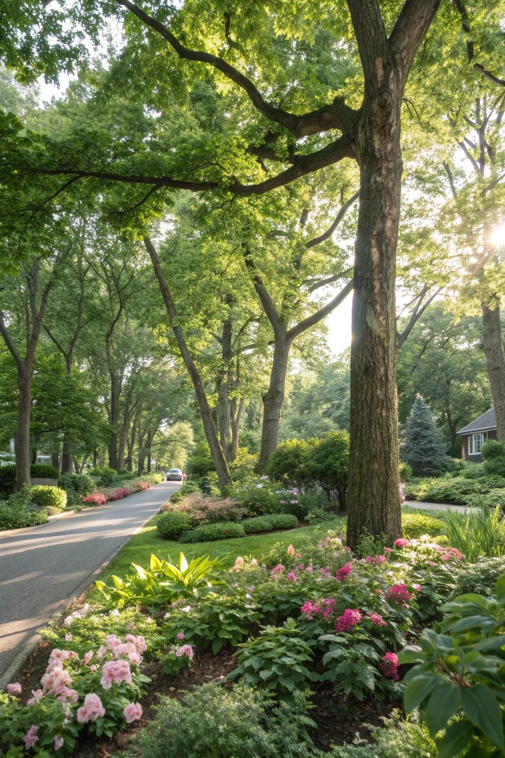Majestic trees offering shade and privacy on a beautifully landscaped corner lot.