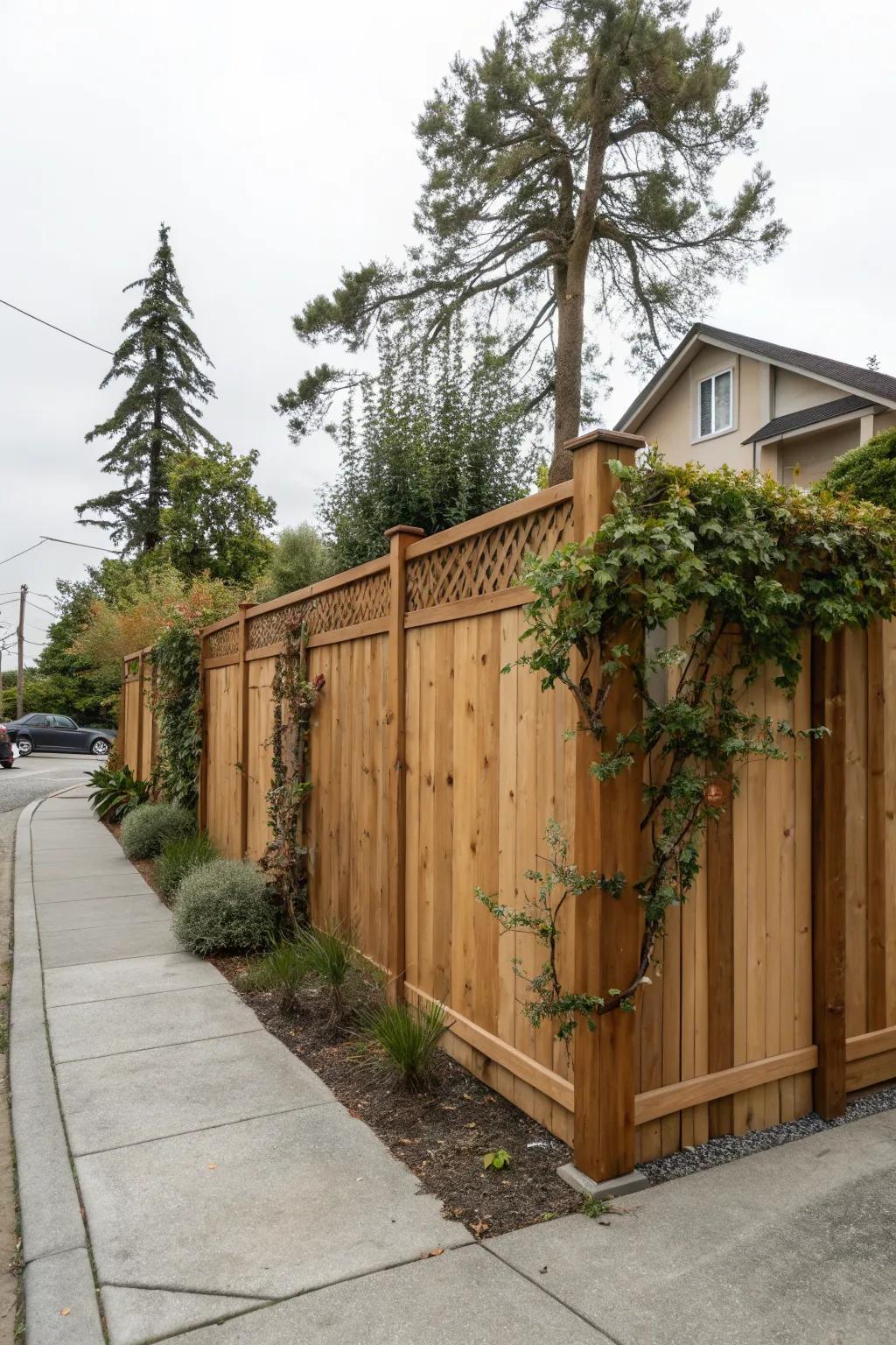 A wooden fence adds warmth and privacy.