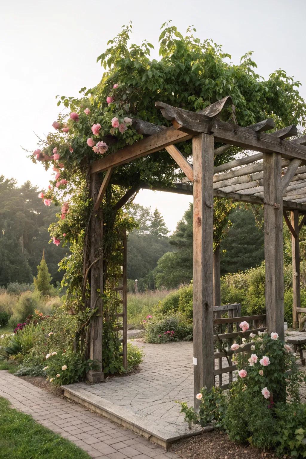 A rustic pergola made from reclaimed wood adds charm and character.