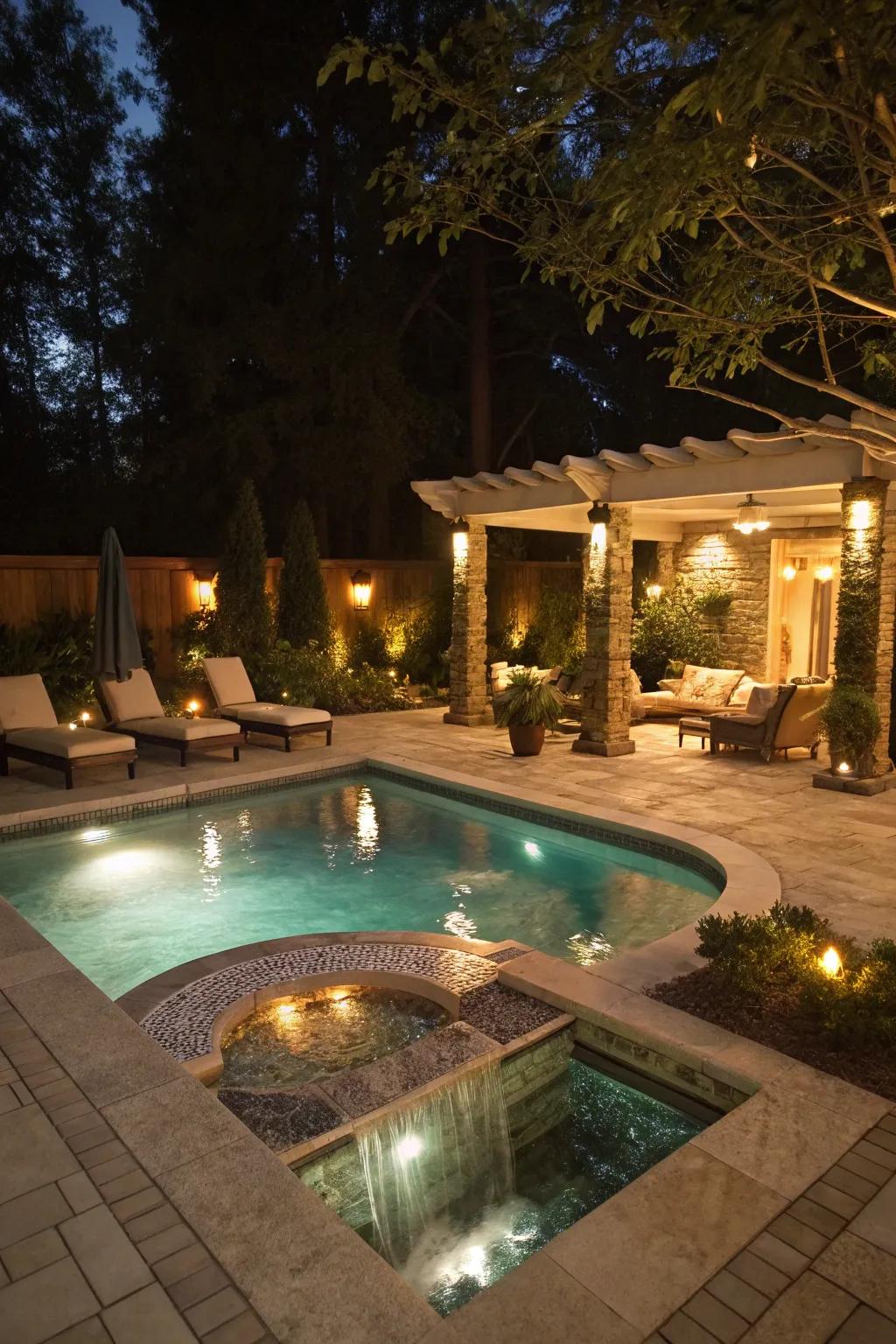 Indulge in a corner pool with a built-in spa.