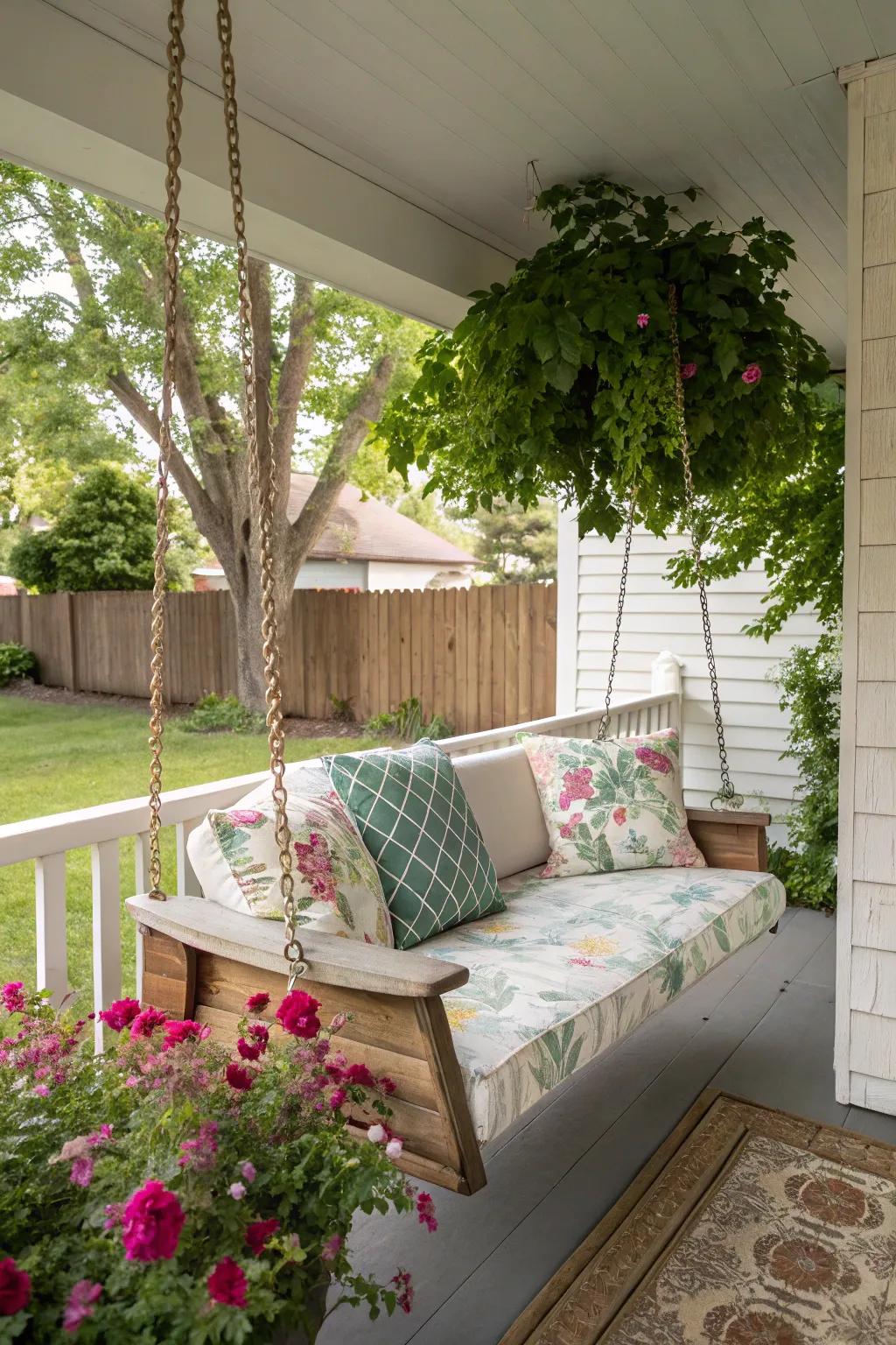 A corner porch swing inviting relaxation.