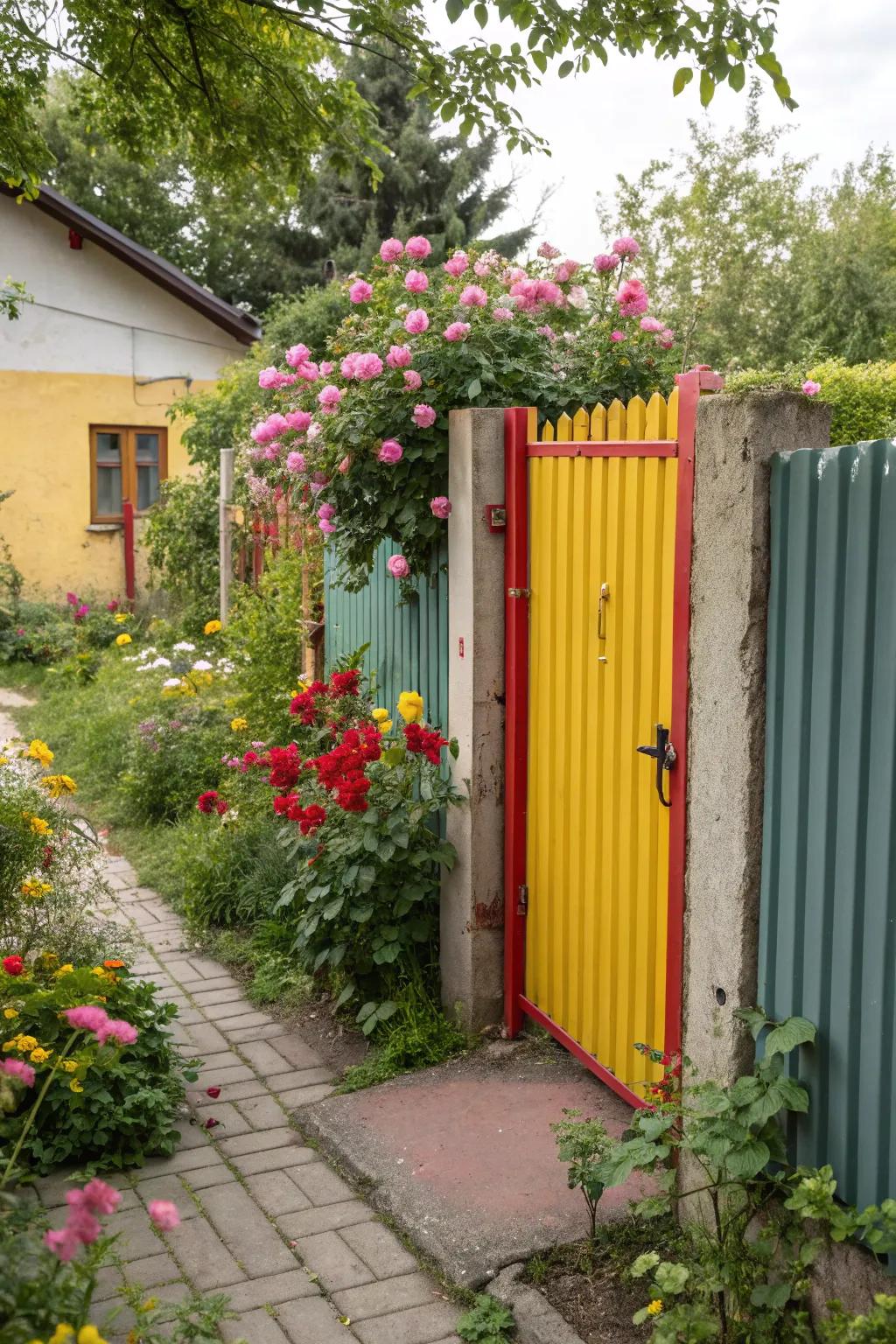 A cheerful, colorful metal gate that stands out.