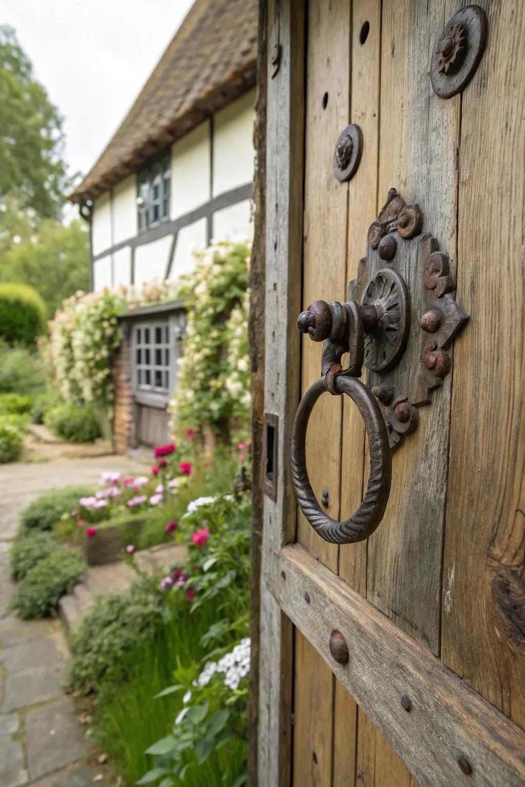 A cottage door adorned with vintage iron hardware.