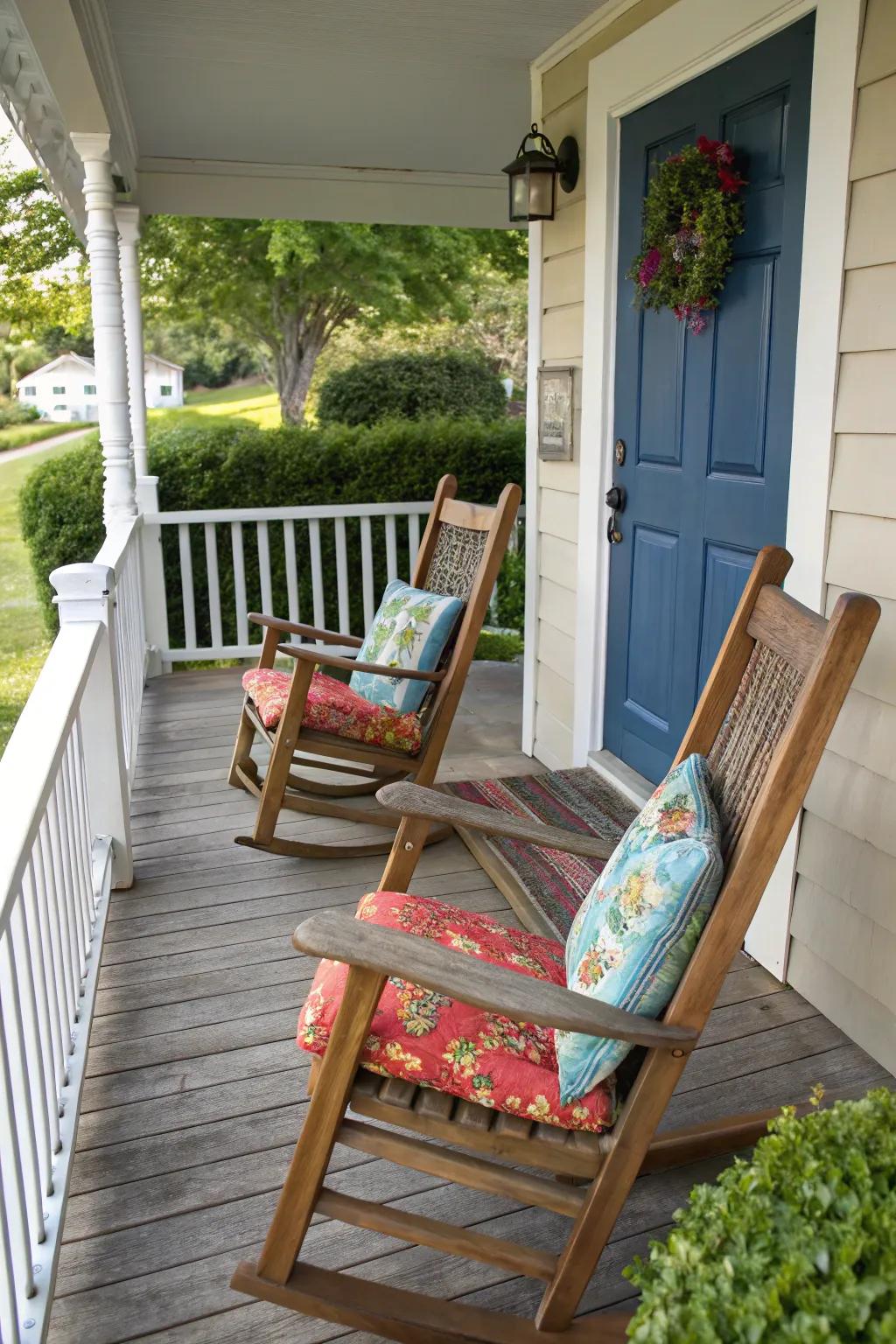 A cottage porch with inviting rocking chairs and vibrant cushions.