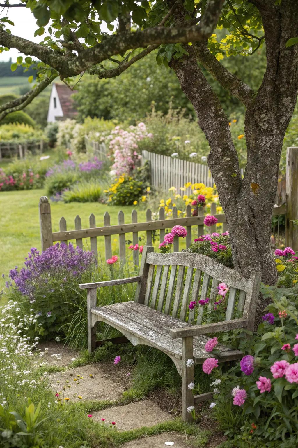 A cozy rustic bench nestled among cottage garden blooms.