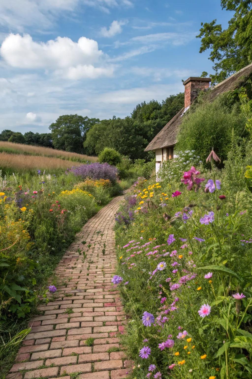 Rustic brick accents add warmth and charm to a cottage garden path.