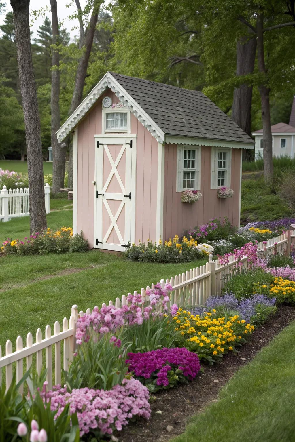 A pastel-painted shed stands out beautifully amidst vibrant blooms.