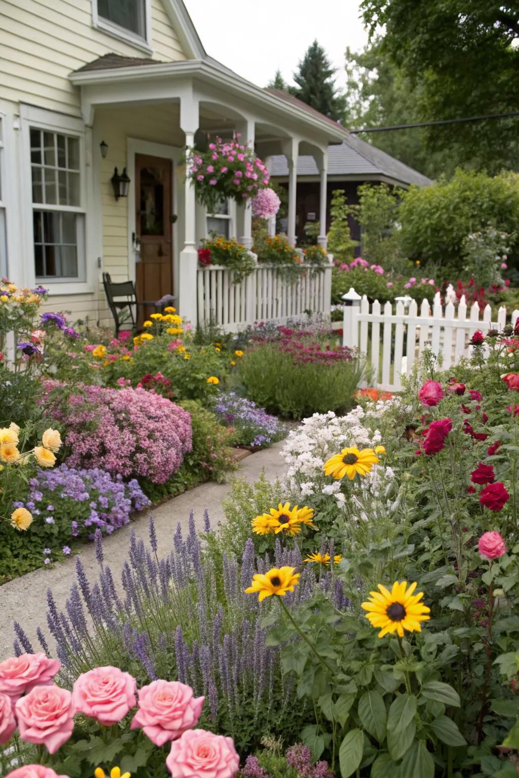 A colorful flower bed in a cottage-style front yard with roses and lavender.