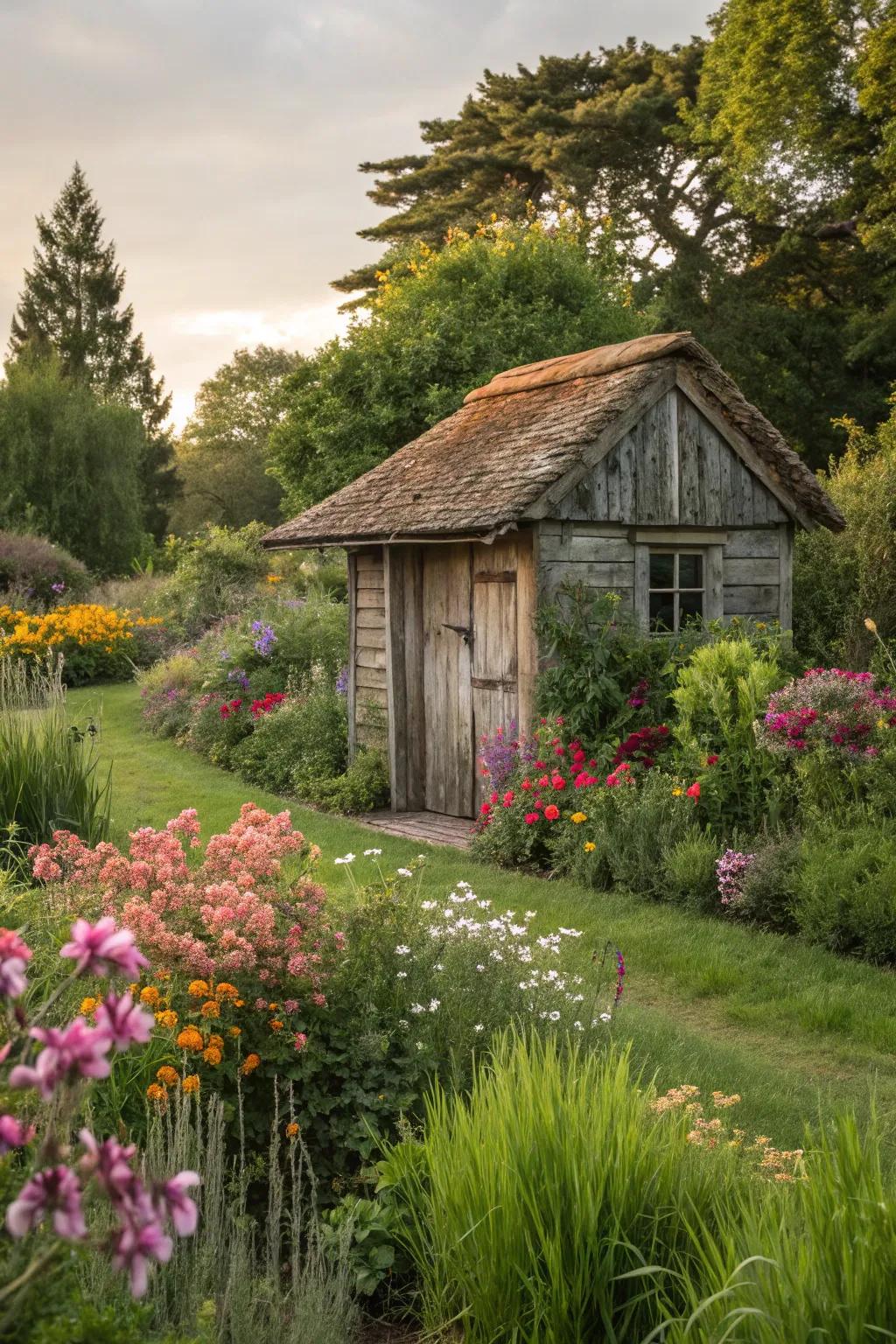 A quaint wooden shed adds character to the cottage garden.