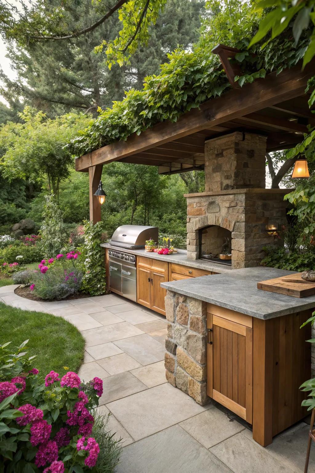 Cook and dine al fresco in a charming country-style outdoor kitchen.