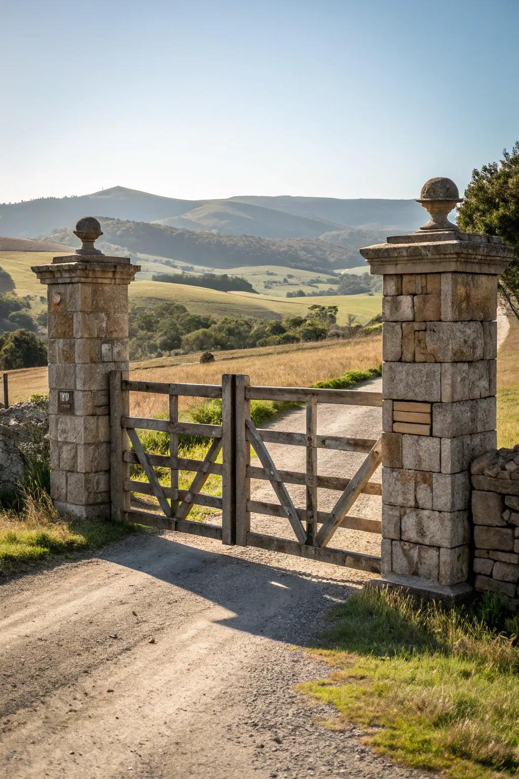 Elegant stone pillars enhancing a wooden gate.