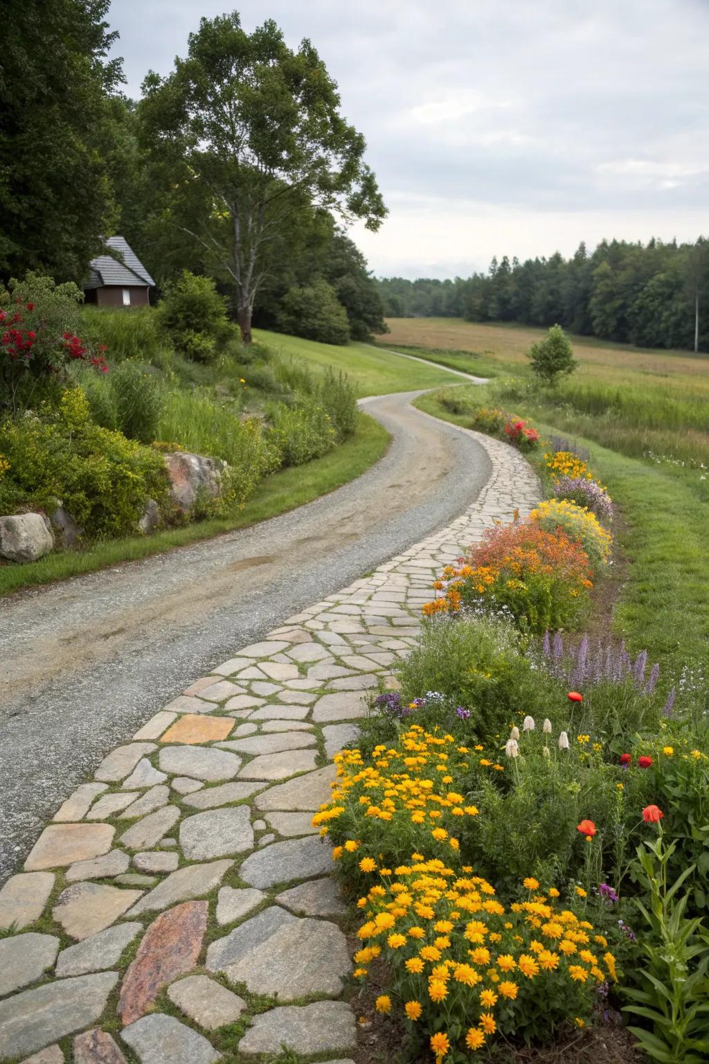A rustic stone driveway with irregular stones, bordered by colorful flower beds for added charm.