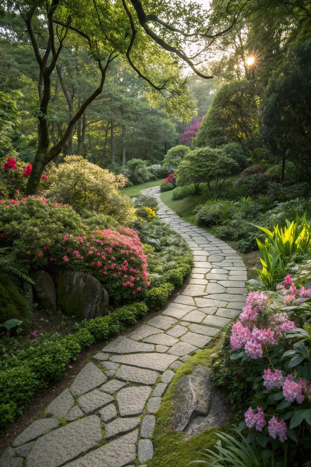 A charming stone pathway meandering through a garden's lush greenery.