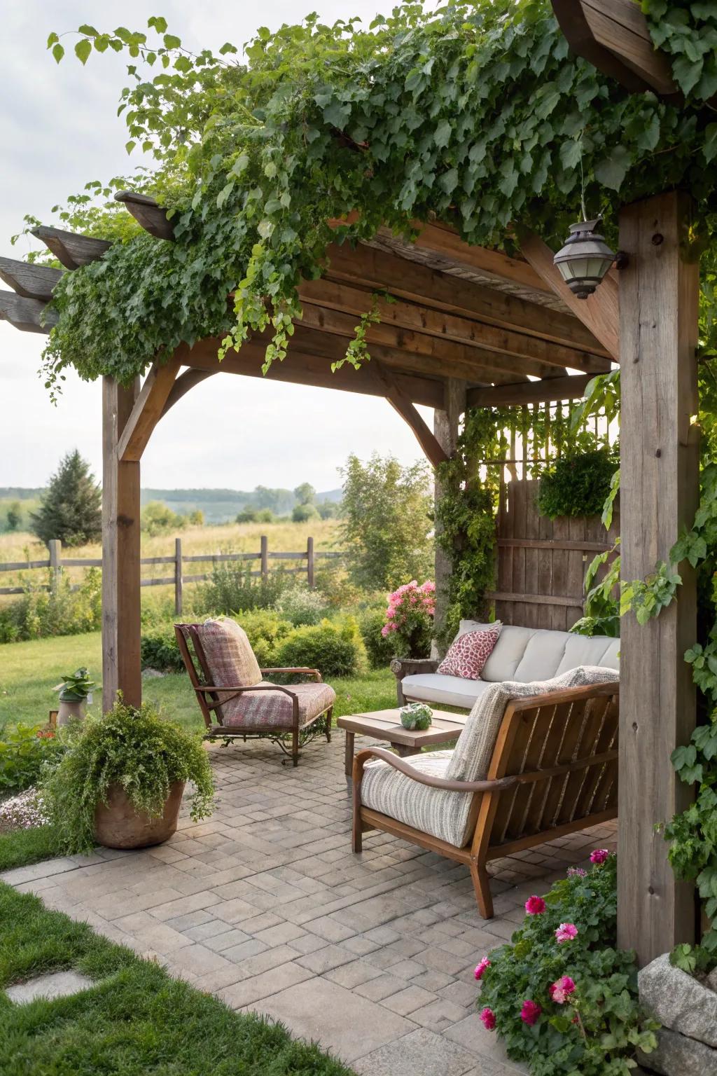 A rustic pergola offering shade and a touch of nature.