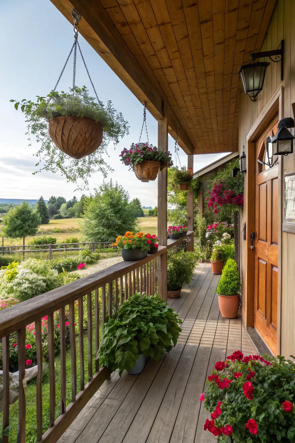 A variety of potted plants adds life and depth to the porch.