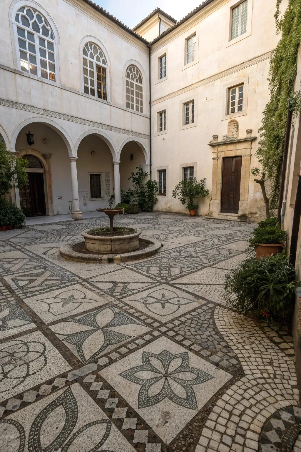 A courtyard showcasing intricate geometric paving patterns.