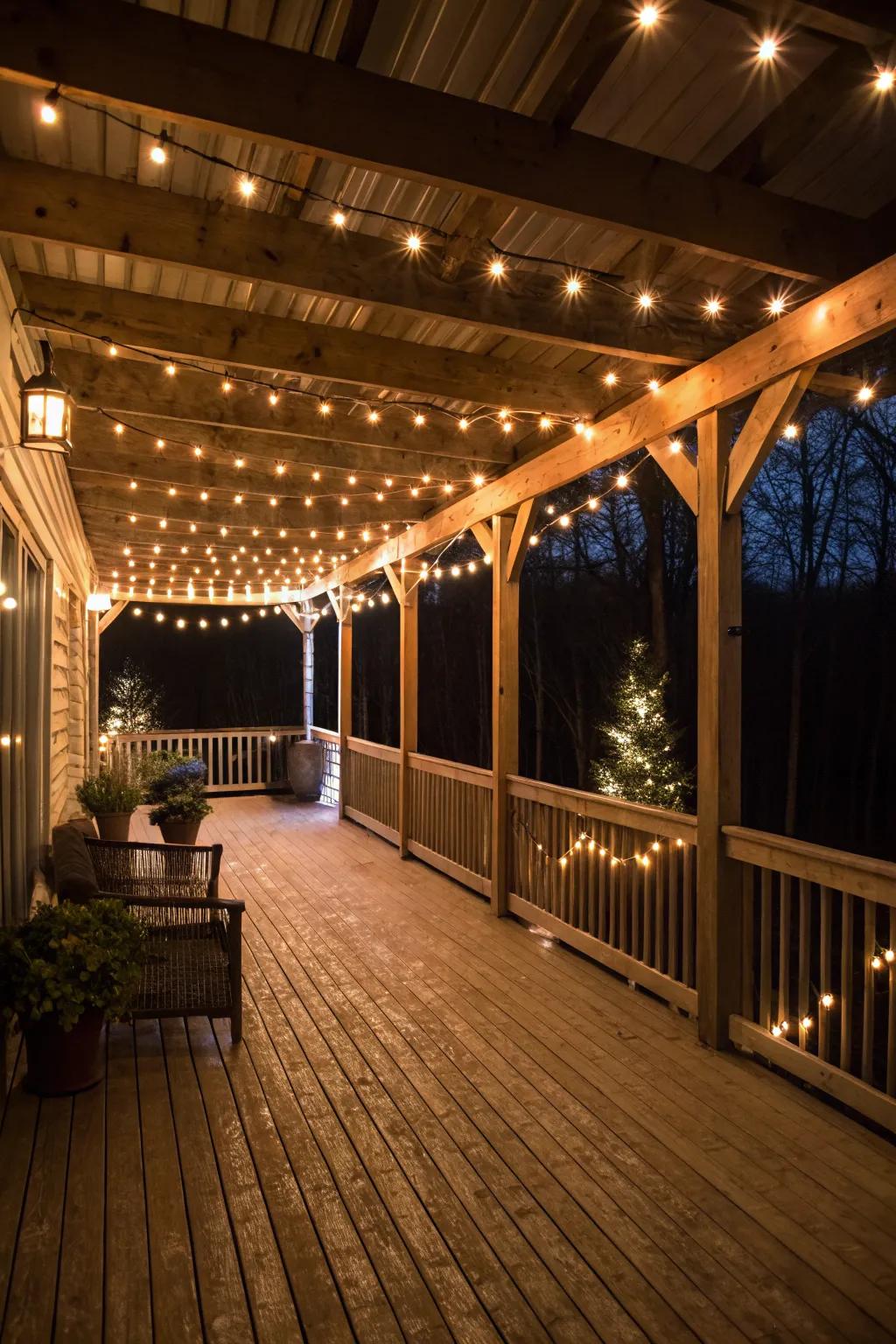 Magical ambiance created by string lights on a covered deck.
