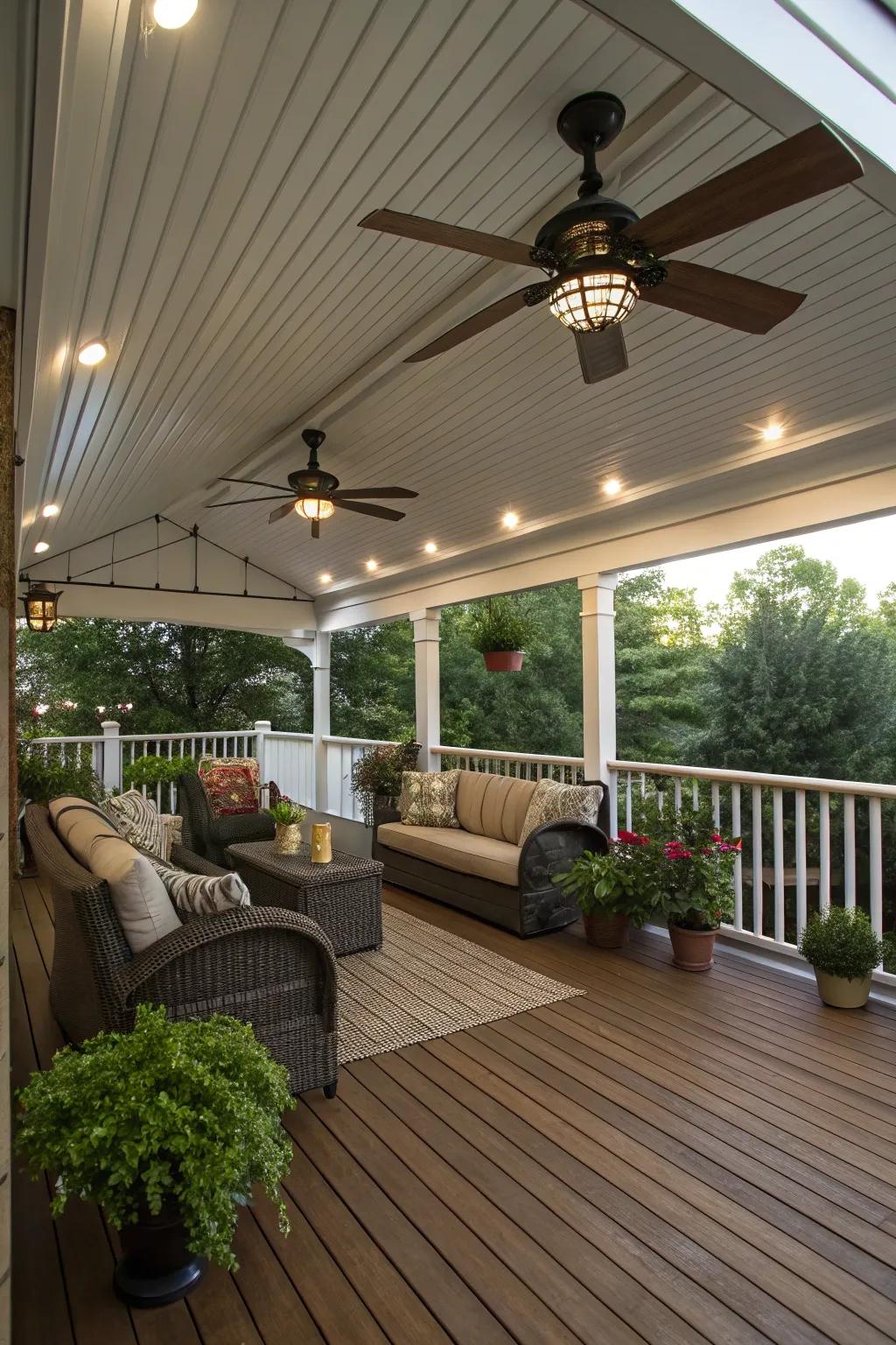 A ceiling fan with integrated lights offers both style and function on a covered deck.