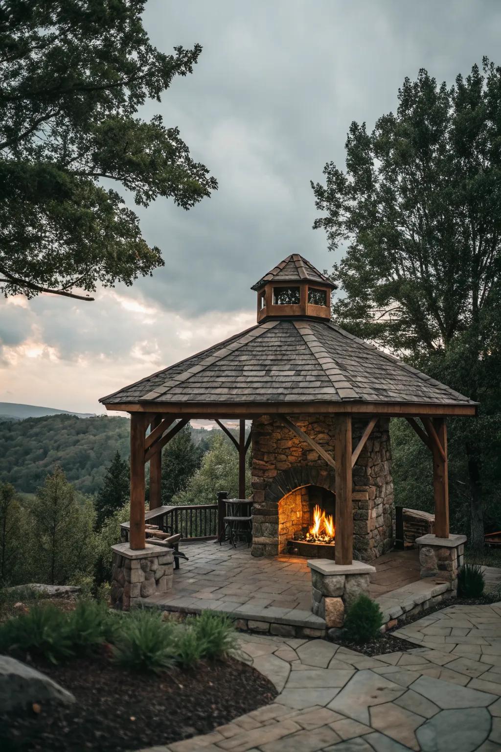 A rustic gazebo with a stone fireplace provides a timeless backdrop for gatherings.